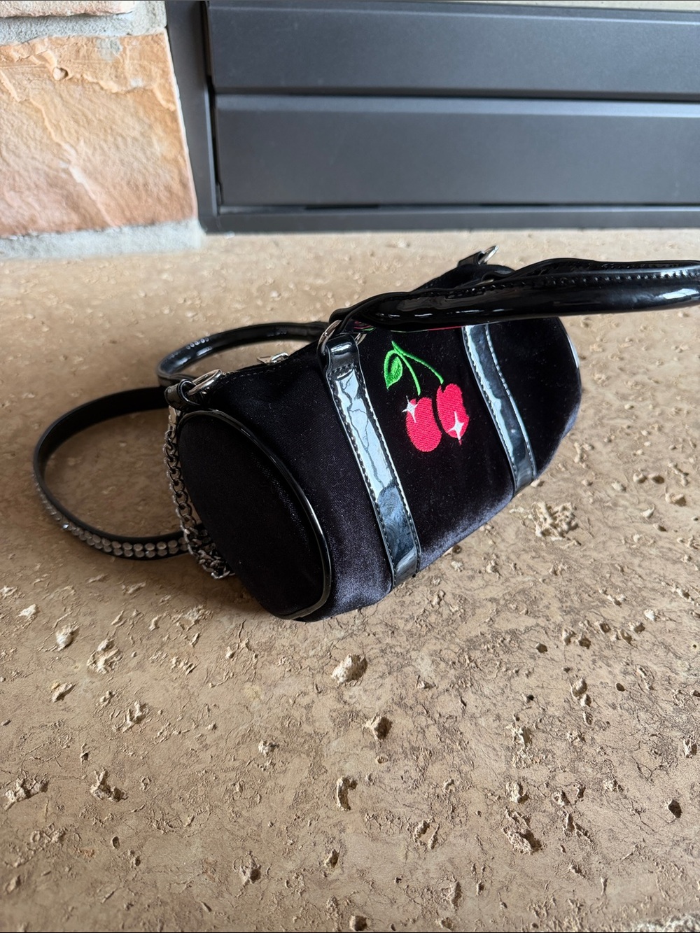 POSTER GIRL Black Velvet Embroidered Cherry Barrel Crossbody Bag Patent Trim